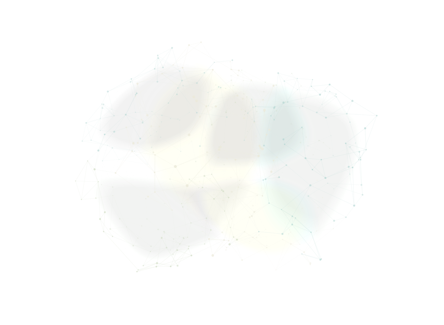 An organic, brain-shaped knowledge graph with softly colored regions.